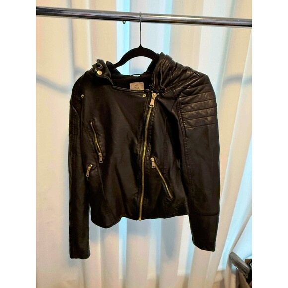 We The Free Hooded Black Vegan Leather Jacket Size Medium - Picture 1 of 6